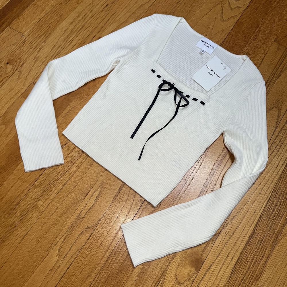Willow & Wind Sweater S Ribbed‎ Long Sleeve Square Neck Bow Tie Top Cottagecore